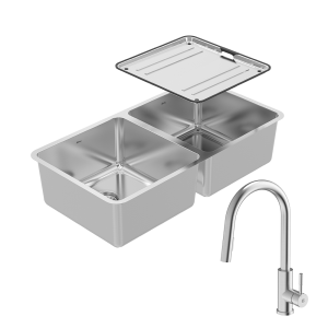 Abey abey-packages Lago Double Bowl Sink Package with 304 Gooseneck Pull Out Kitchen Mixer Kitchen Sinks