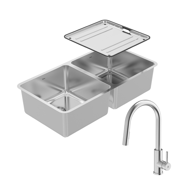 Abey abey-packages Lago Double Bowl Sink Package with 304 Gooseneck Pull Out Kitchen Mixer Kitchen Sinks